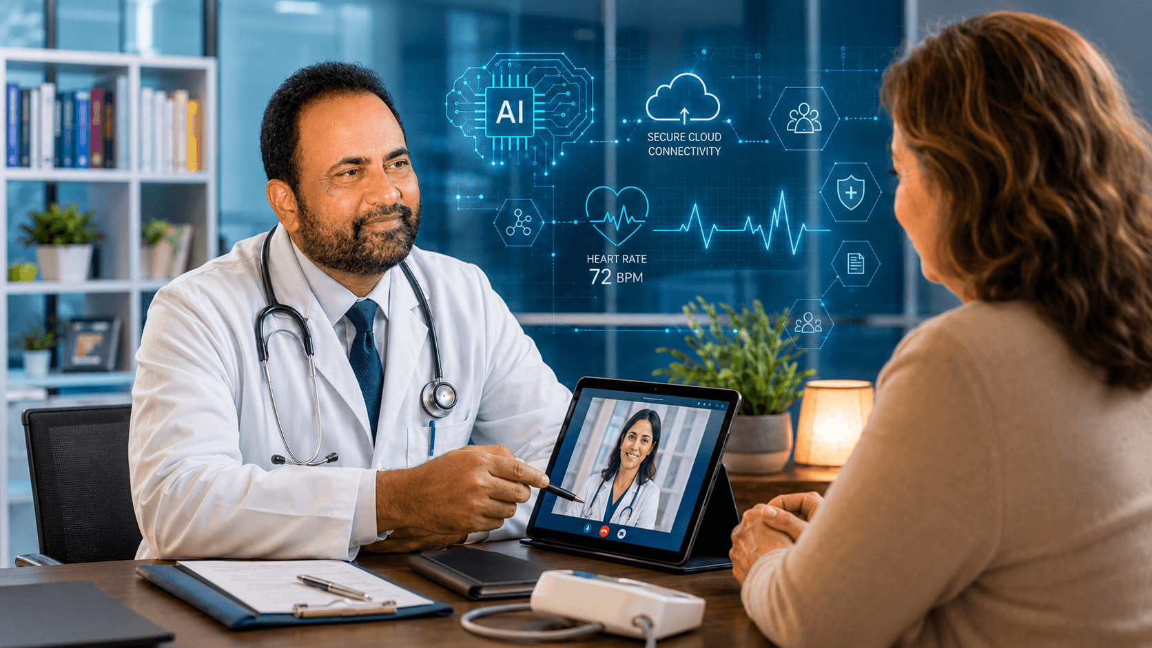 Dr. Vijay Kumar interacting compassionately with a patient while digital healthcare technologies, artificial intelligence, and medical innovation symbols appear in the background, representing the balance between technology and human-centered care.