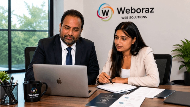 Dr. Vijay Kumar and software engineer Nayansi Gupta standing together in a modern technology workspace, representing the partnership behind Weboraz Web Solutions and the fusion of healthcare expertise with software engineering