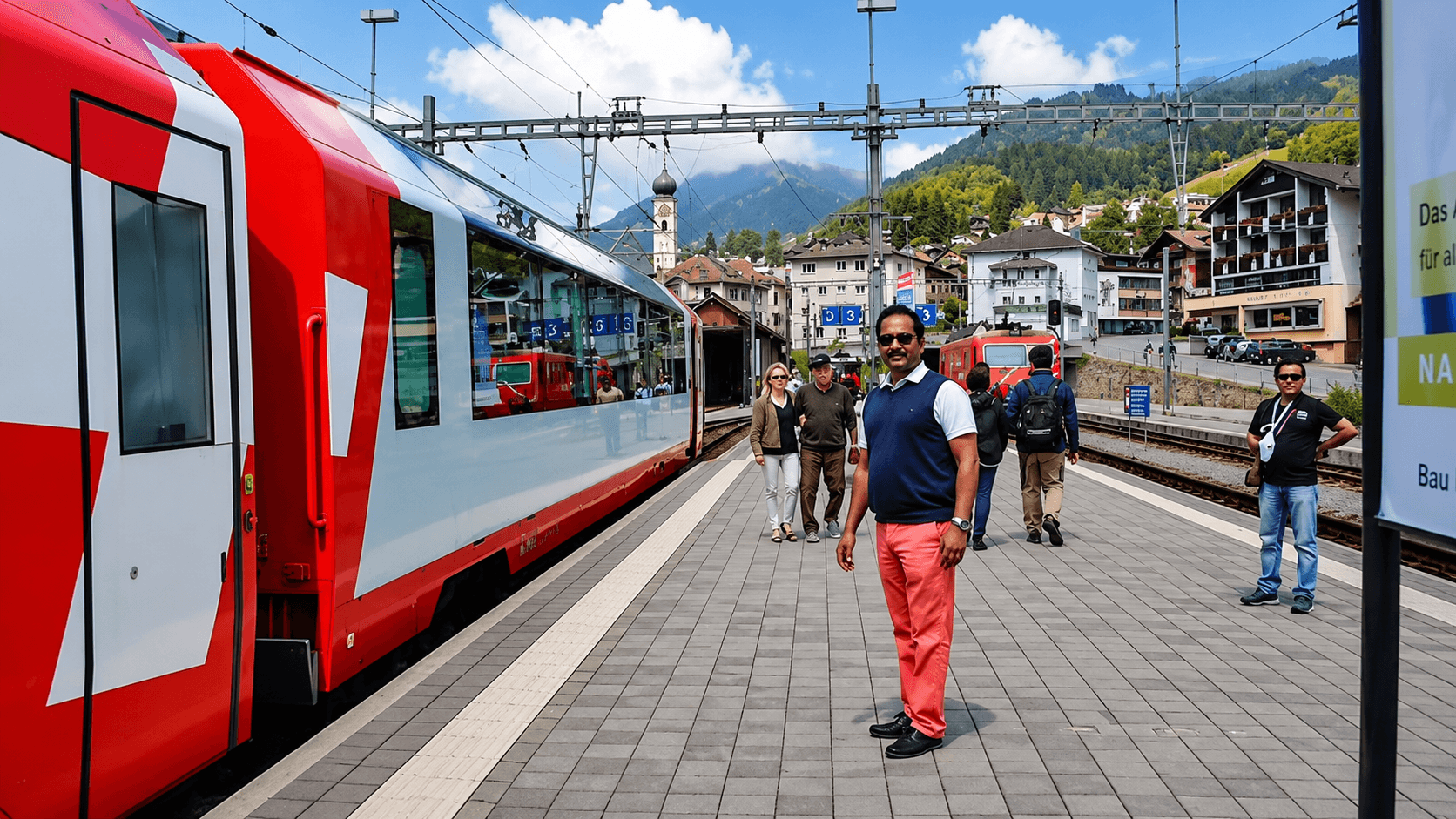 Dr. Vijay Kumar standing beside the iconic Glacier Express train in the Swiss Alps, surrounded by snow-covered mountains and breathtaking alpine scenery.