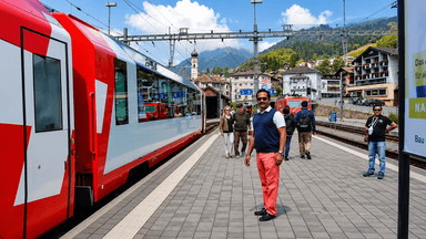 Dr. Vijay Kumar standing beside the iconic Glacier Express train in the Swiss Alps, surrounded by snow-covered mountains and breathtaking alpine scenery.