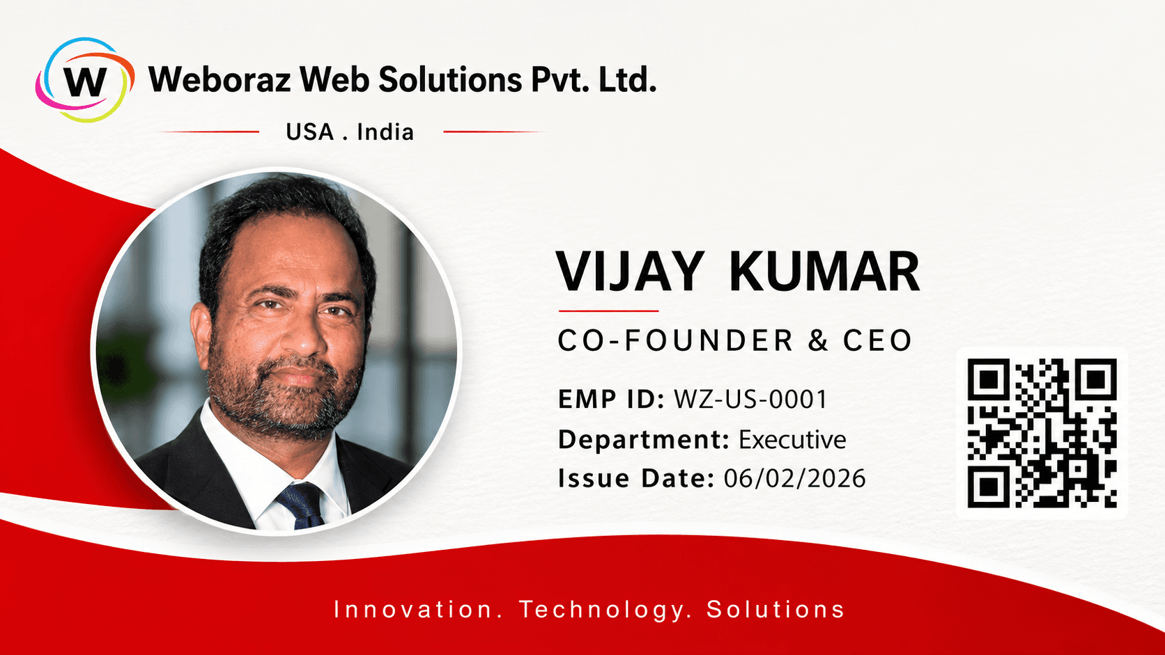 Dr. Vijay Kumar holding his Weboraz Web Solutions Co-Founder and CEO identification badge, representing entrepreneurship, leadership, responsibility, innovation, and the journey of building a technology company.