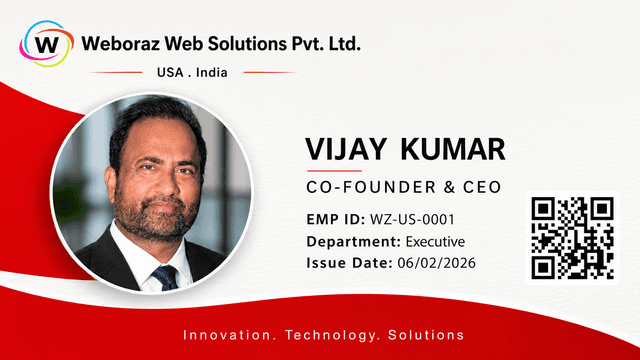 Dr. Vijay Kumar holding his Weboraz Web Solutions Co-Founder and CEO identification badge, representing entrepreneurship, leadership, responsibility, innovation, and the journey of building a technology company.