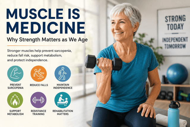 Older adult performing supervised resistance training to preserve muscle strength, mobility, balance, and independence as part of healthy aging and sarcopenia prevention.