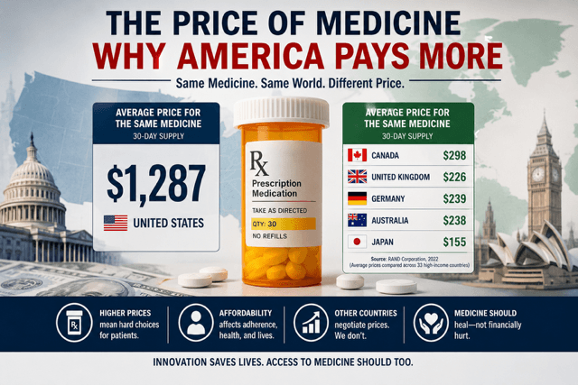 Patient reviewing the high cost of prescription medication at a pharmacy, representing prescription drug prices, medication affordability, pharmaceutical innovation, and healthcare access in America.