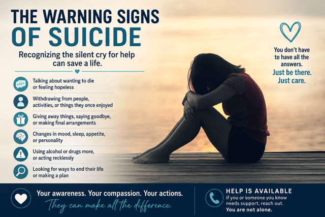 Compassionate person sitting beside and supporting someone experiencing emotional distress, representing suicide prevention, mental health awareness, human connection, and recognizing warning signs.
