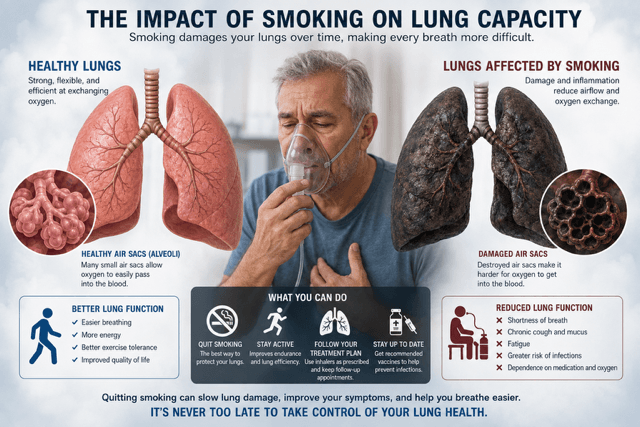 Patient with COPD experiencing shortness of breath while using supplemental oxygen, representing smoking-related lung damage, reduced lung function, respiratory disease, and smoking cessation.