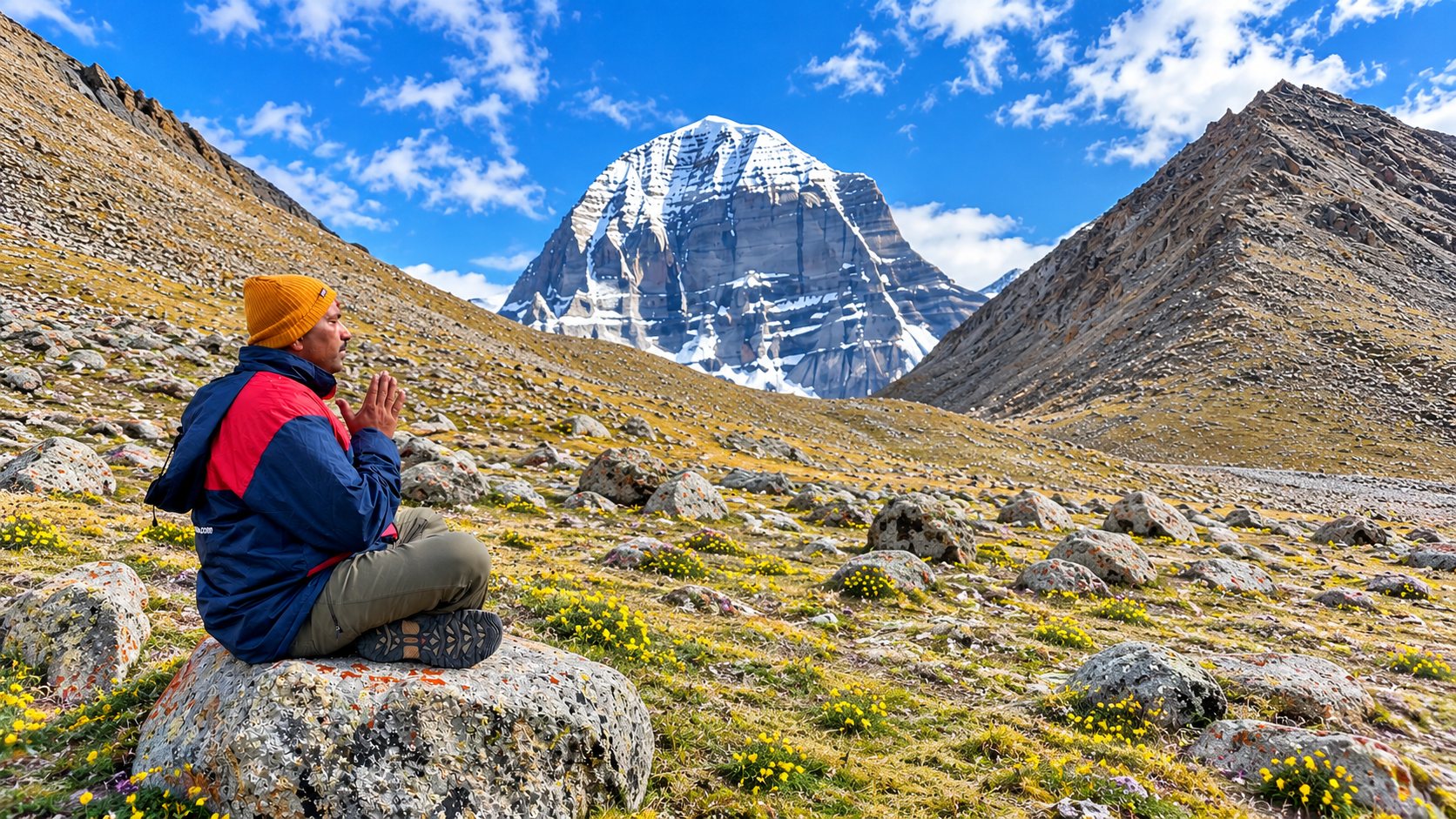 “Vijay Kumar meditating in prayer before Mount Kailash during a spiritual Himalayan journey in Tibet.”
