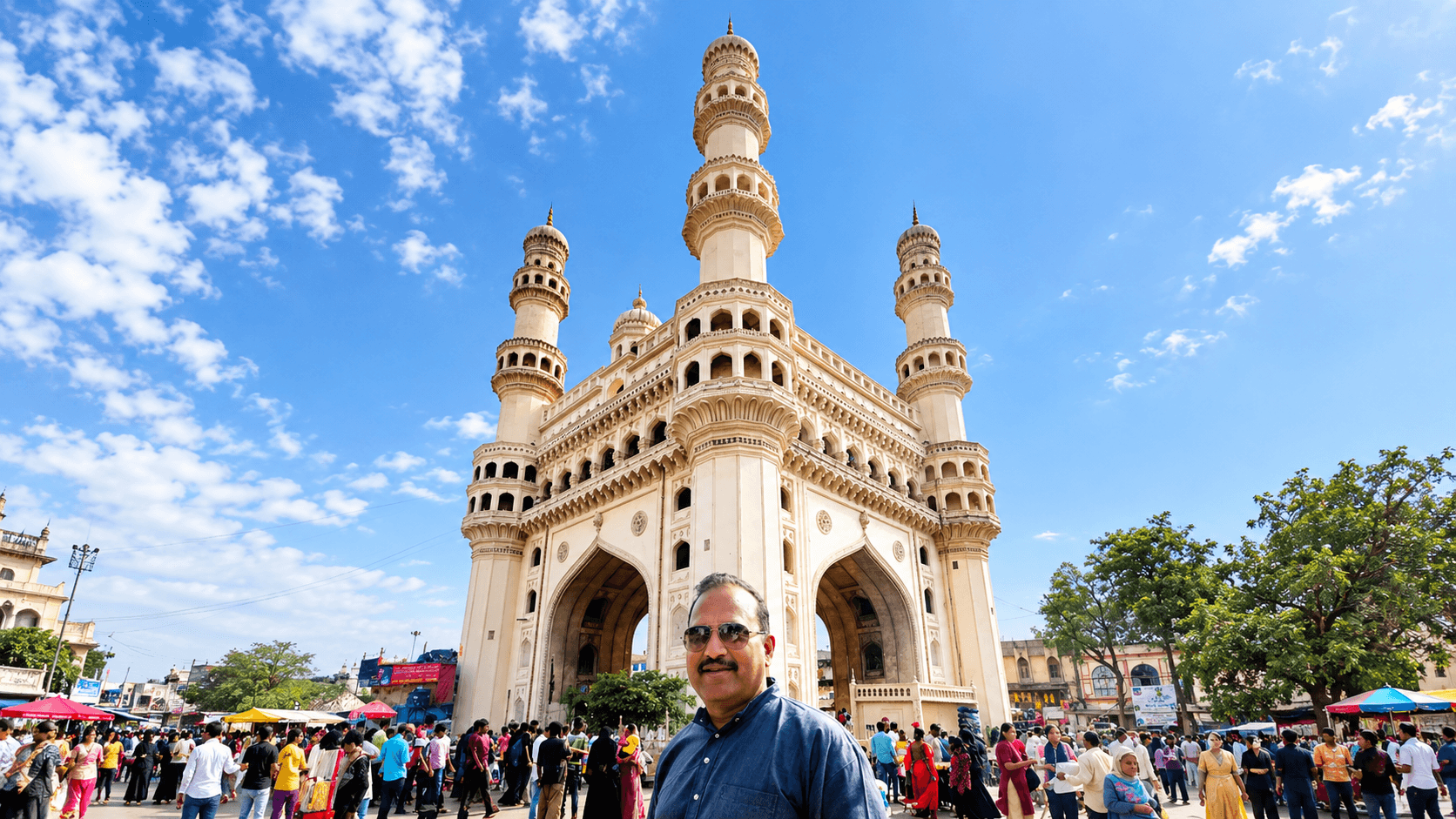 Charminar monument in Hyderabad with four minarets and surrounding Old City street life